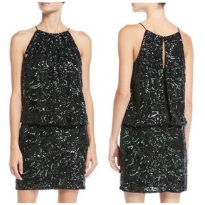 Aidan Mattox Sequins Beaded Blouson Halter Mini Dress Black Green Size 4
